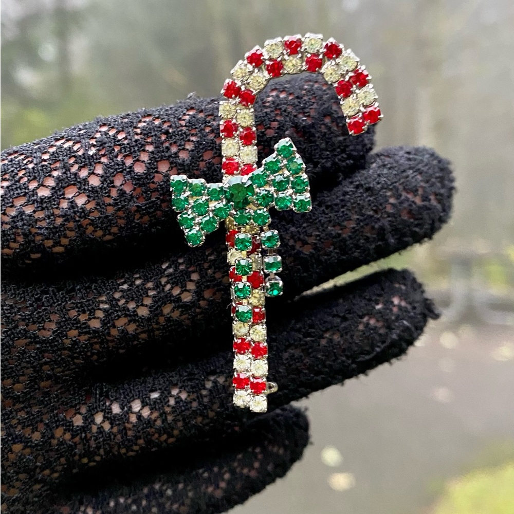 Christmas Candy Cane Rhinestone Brooch Holiday Party